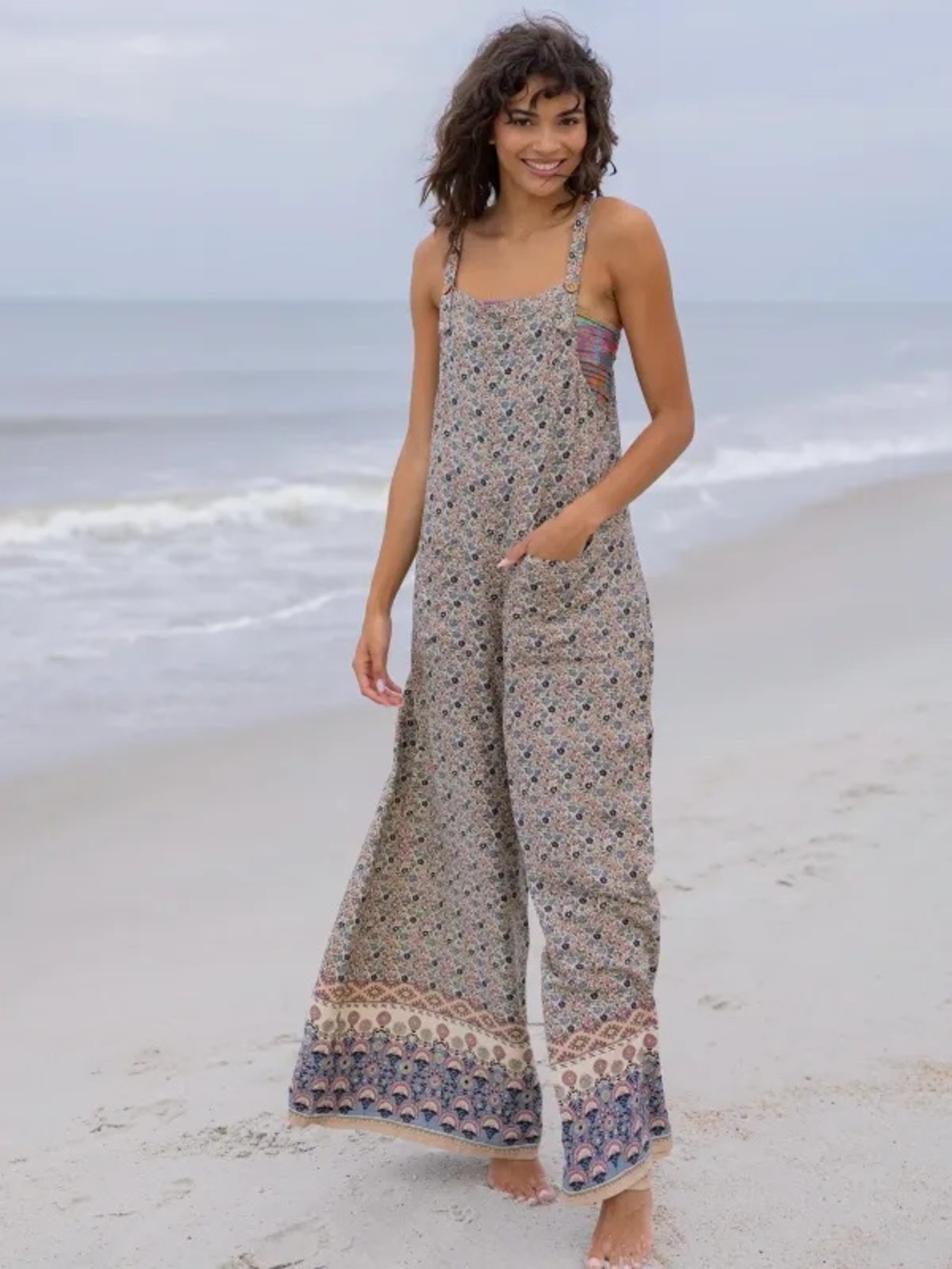 NATURAL LIFE Beige Floral Wide-Leg Jumpsuit with Border Print - Picture 4 of 4